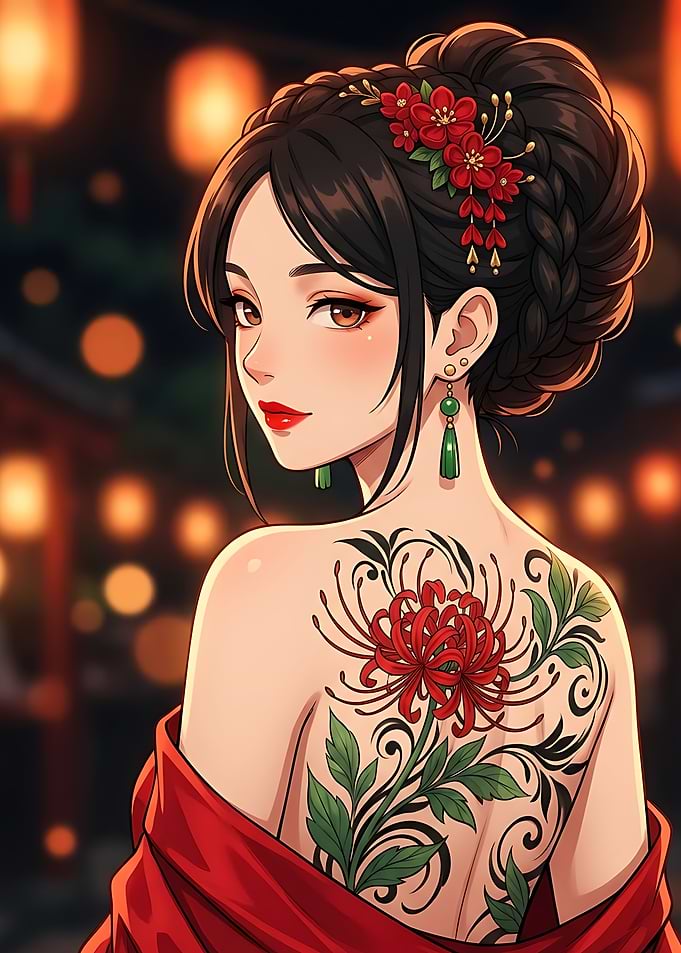 Beautiful Woman with Spider Lily Tattoo
