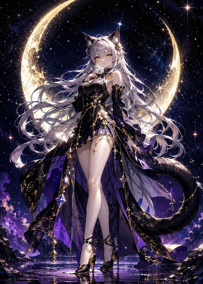 Celestial Cat-Girl in Moonlit Gown