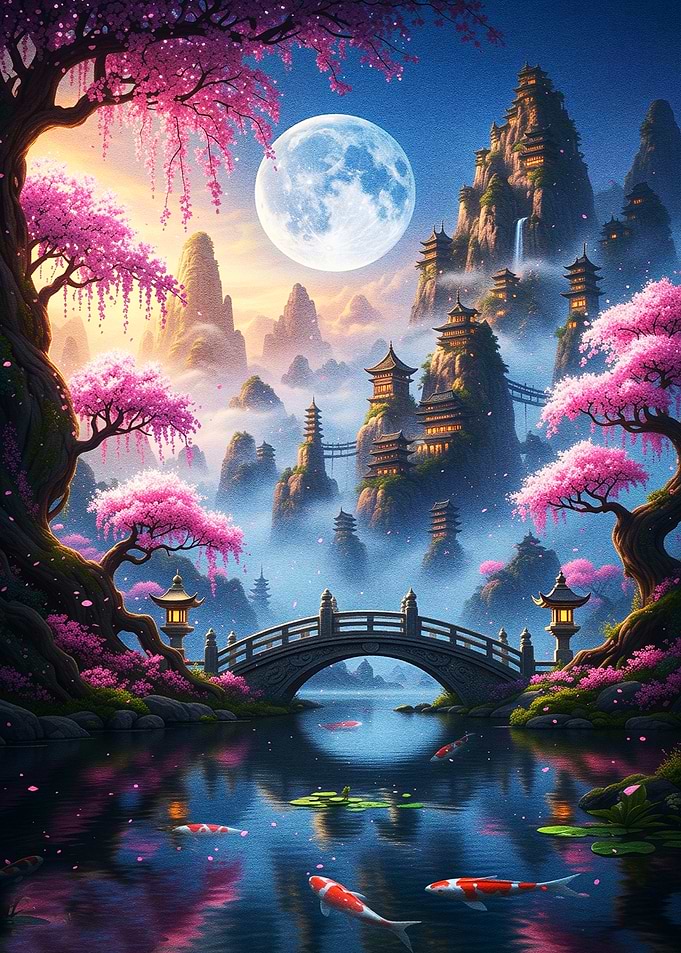 Moonlit Japanese Temple Valley