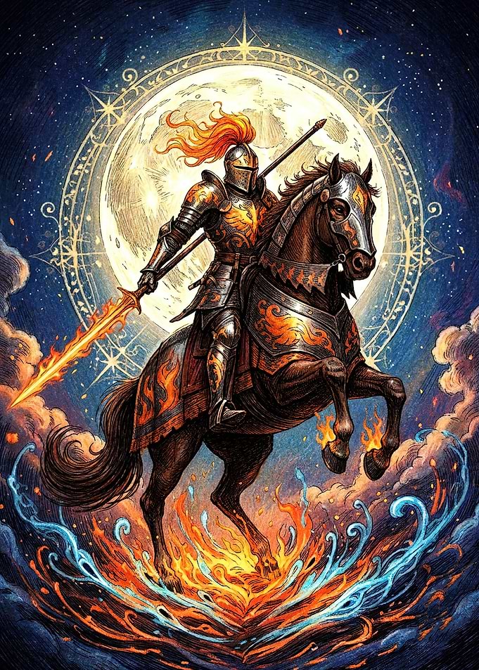 Fire Knight Riding Horse Under Moon