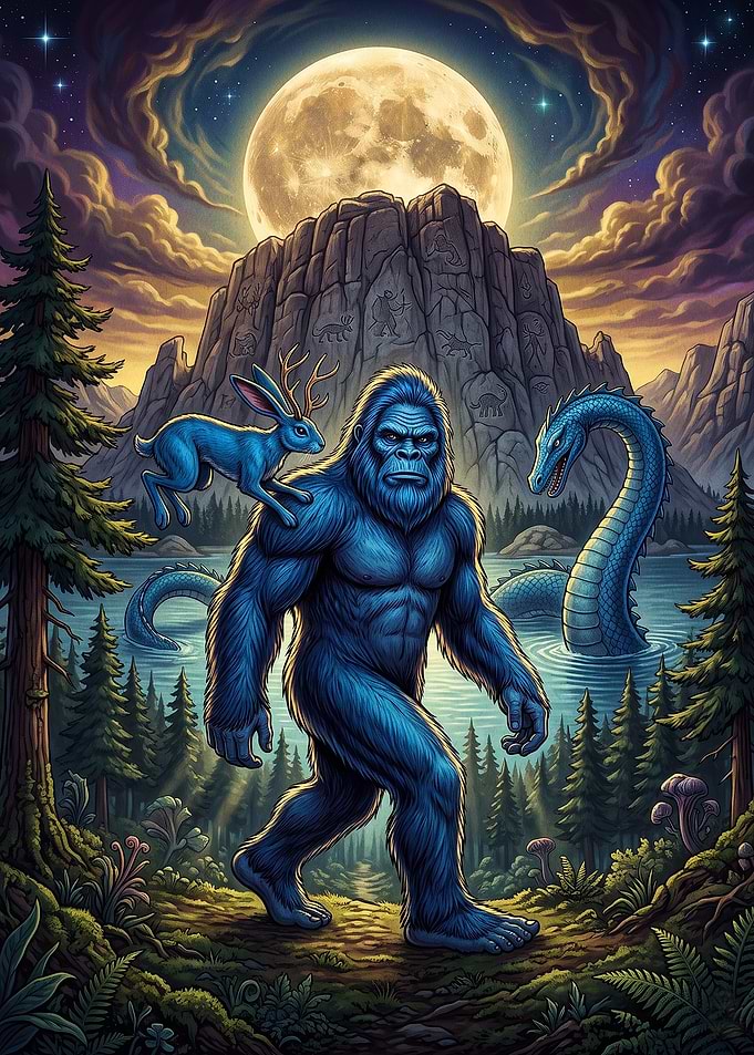 Bigfoot with Jackalope and Sea Serpent