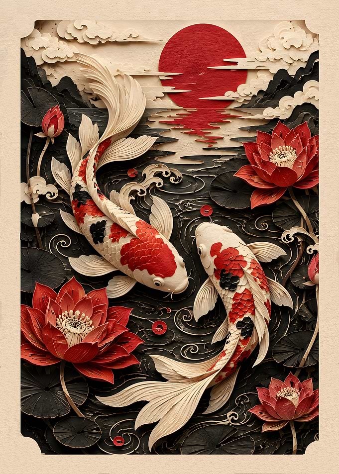 Twin Koi Fish in Lotus Pond Waves