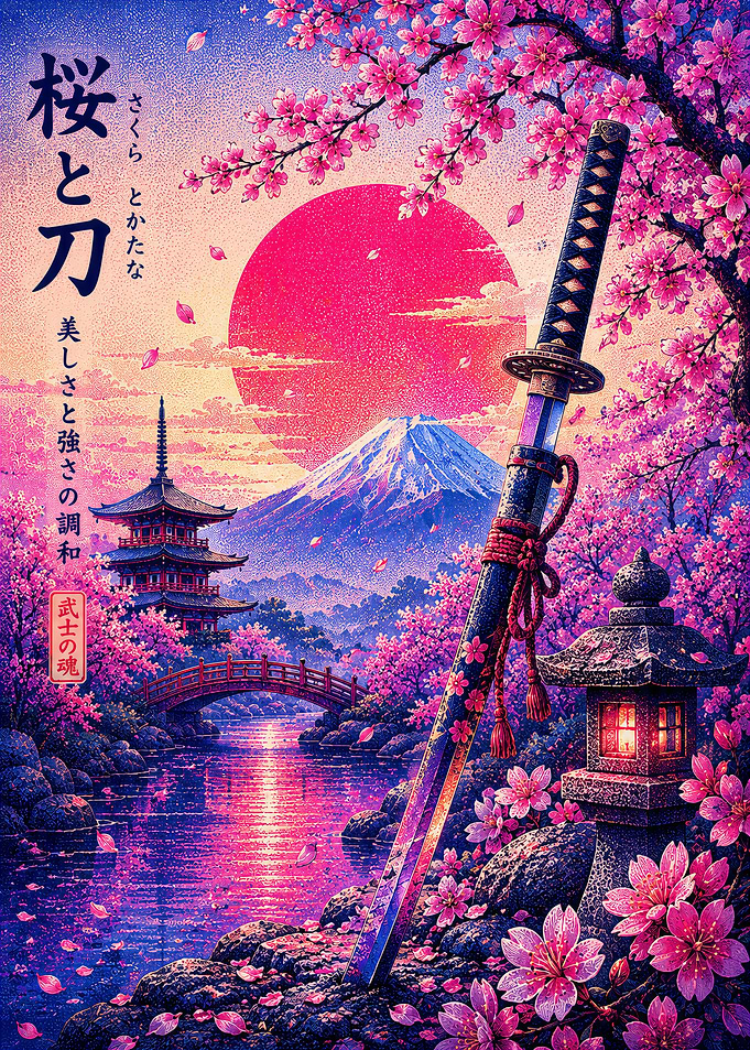 Katana and Cherry Blossoms Japan Landscape