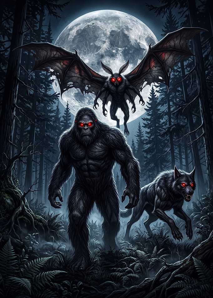 Bigfoot Mothman and Wolf in Forest