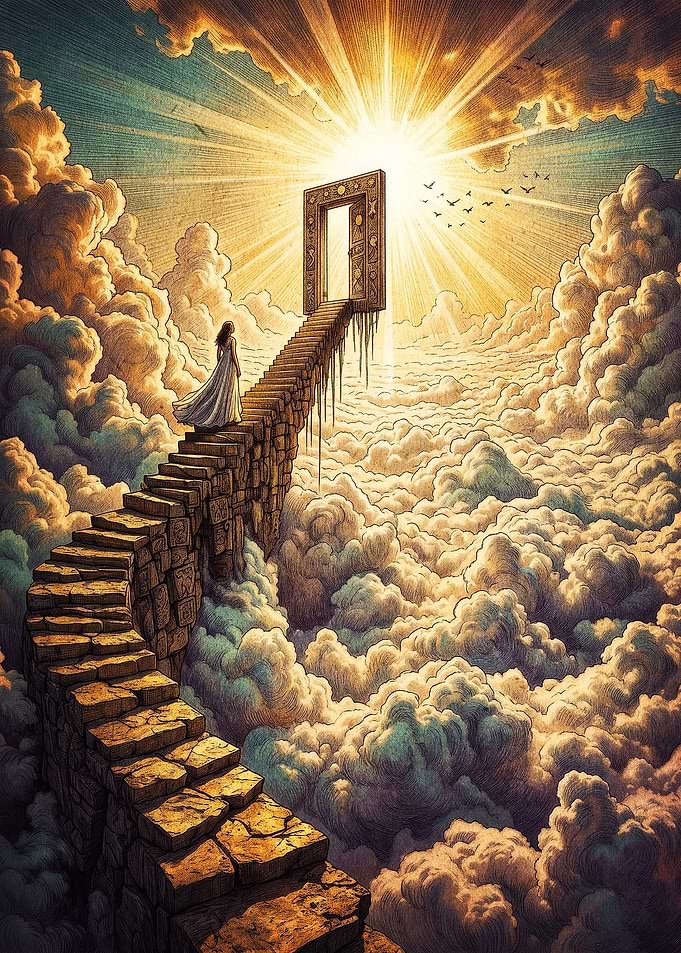 Woman Ascending Stone Stairs to Heaven