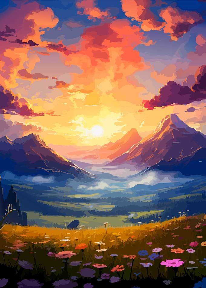 Vibrant Mountain Sunset Meadow Landscape