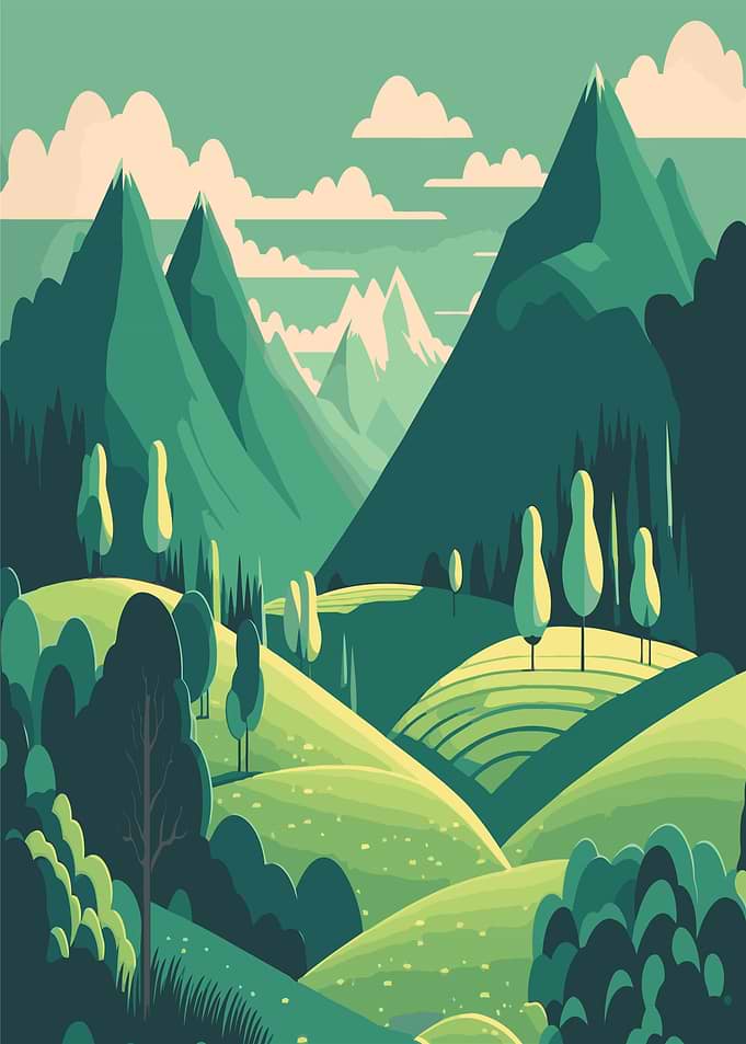 Stylized Green Mountain Landscape Illustration