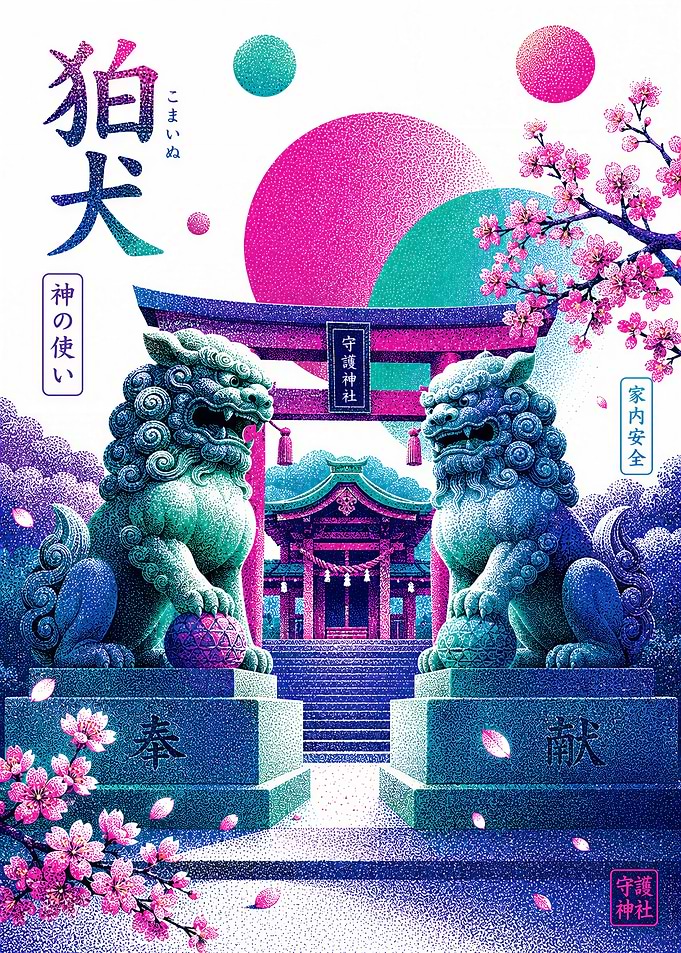 Vibrant Komainu Shrine Guardian Poster