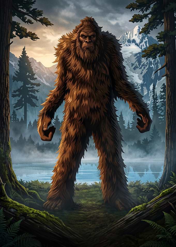 Bigfoot Standing in Misty Forest