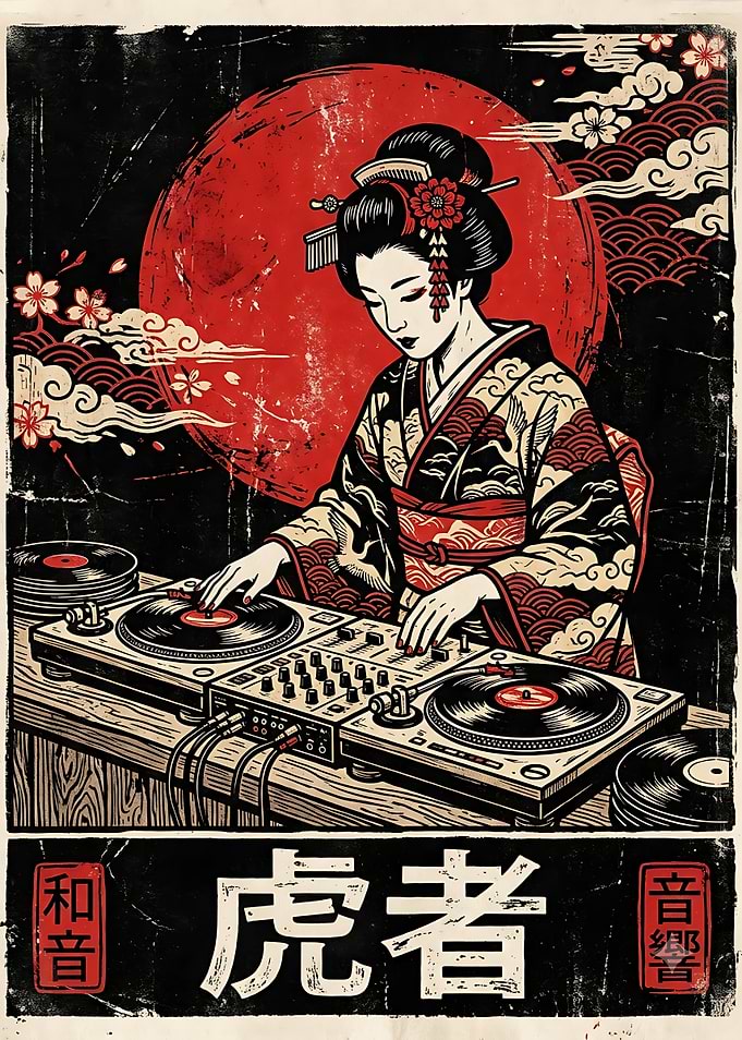 Geisha DJ Retro Japanese Poster