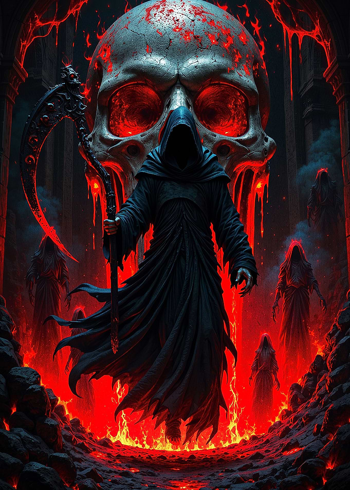 Grim Reaper in Hellish Landscape