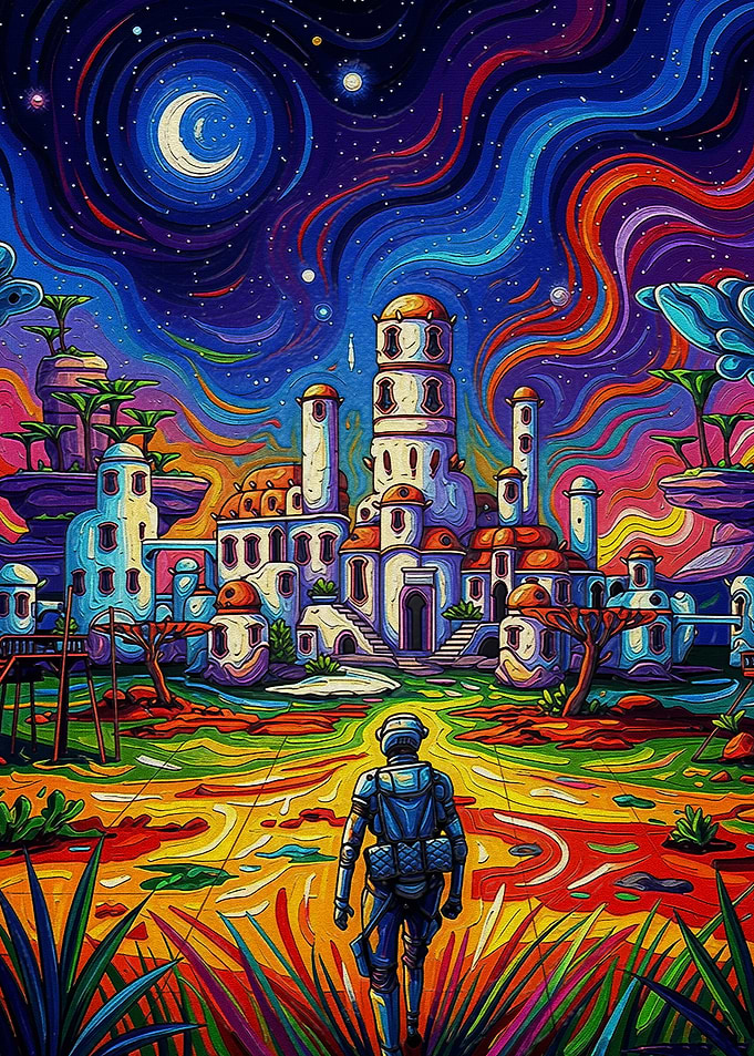 Astronaut Approaching Psychedelic Alien City