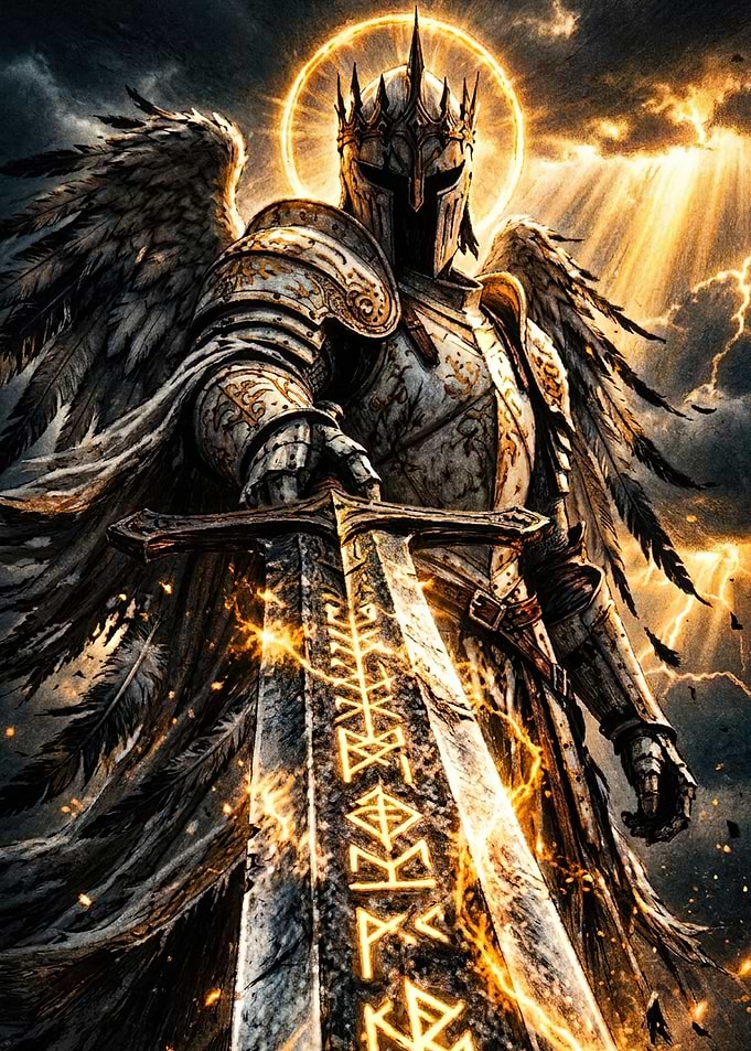 Angelic Knight with Glowing Runes Sword