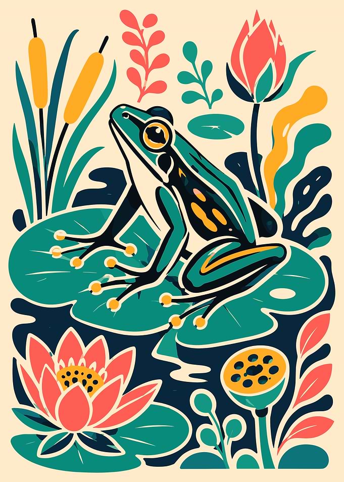 Stylized Frog on Lily Pad Illustration