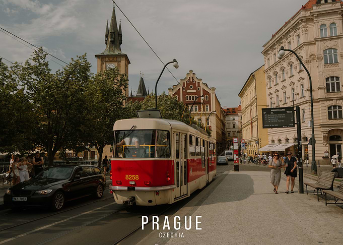 Prague Street Scene with Red Tram