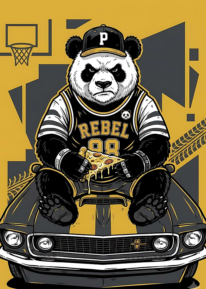 Rebel Panda Eating Pizza on Car