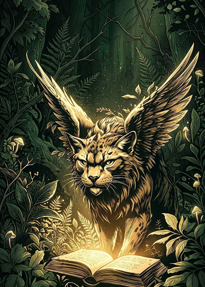 Winged Cat Reading Magical Book