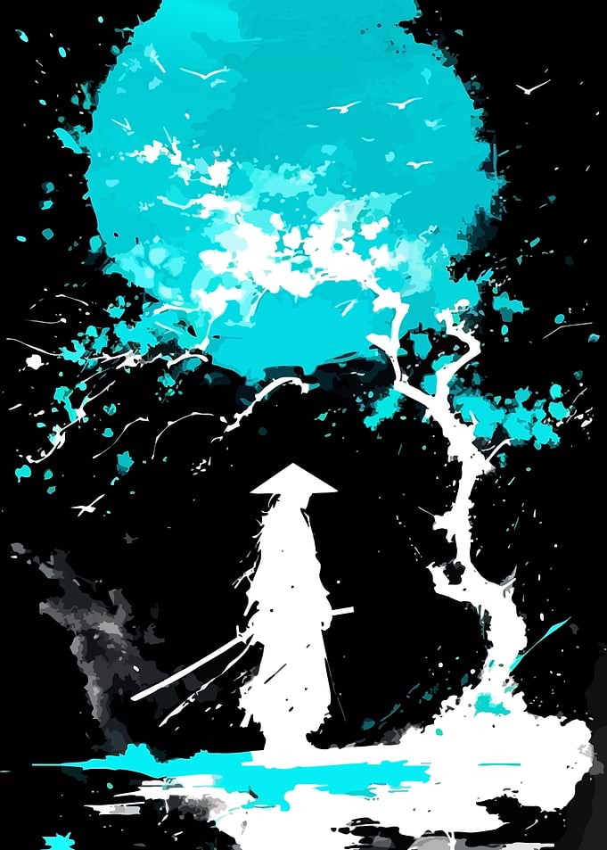 Samurai Silhouette Under Cyan Moon