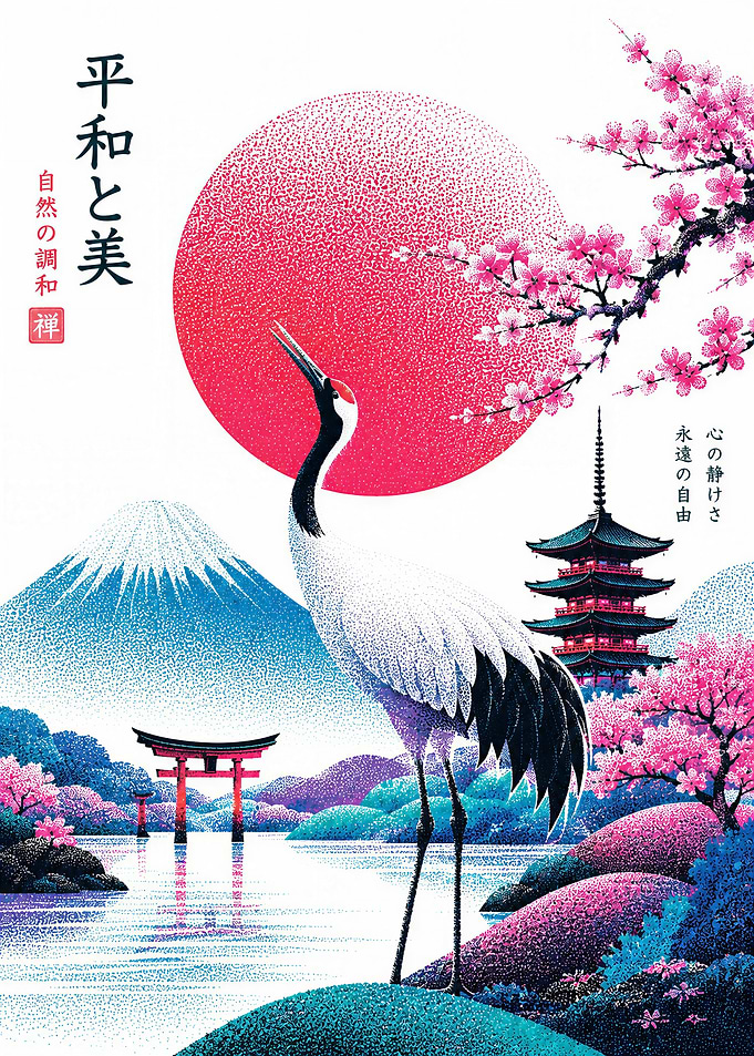 Red Crane of Japanese Zen Landscape