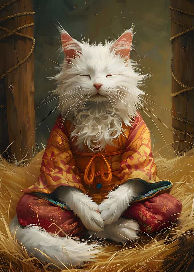 Meditating White Cat in Kimono