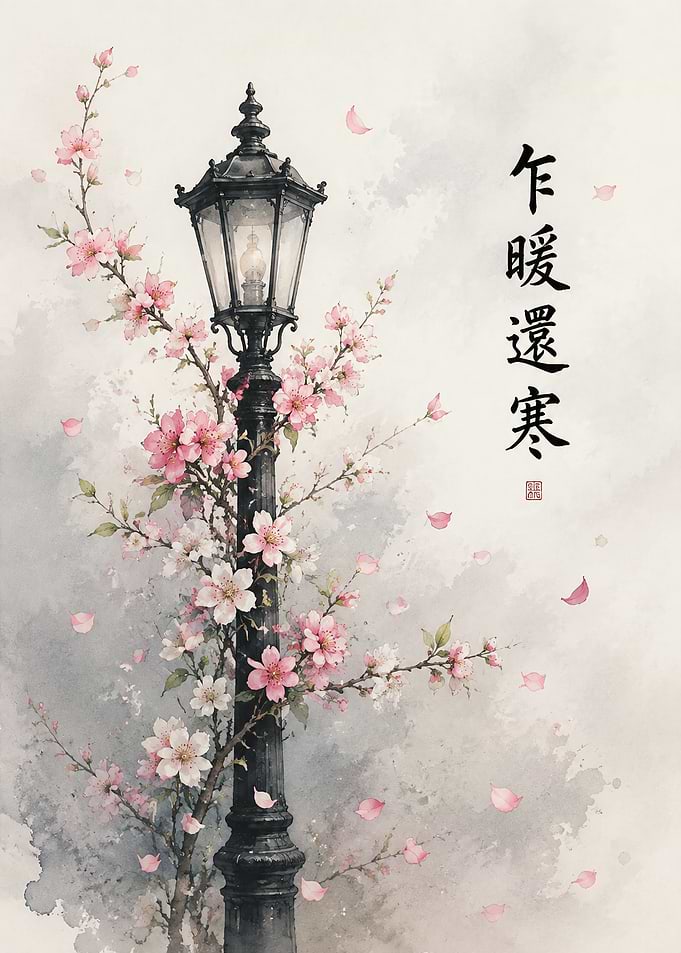 Vintage Lamp Post with Cherry Blossoms