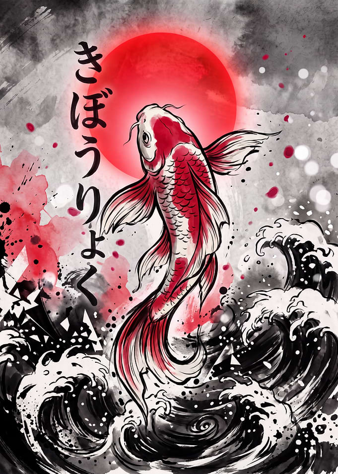 Japanese Koi Fish – Rising Sun Sumi-e Ink Art