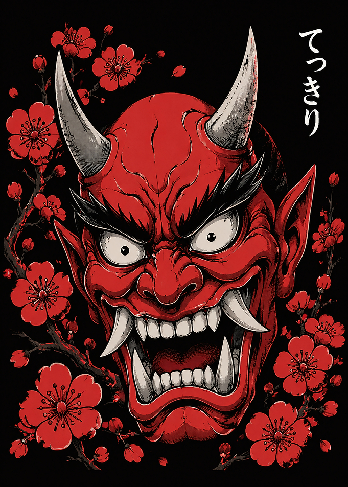 Red Oni Mask with Cherry Blossoms