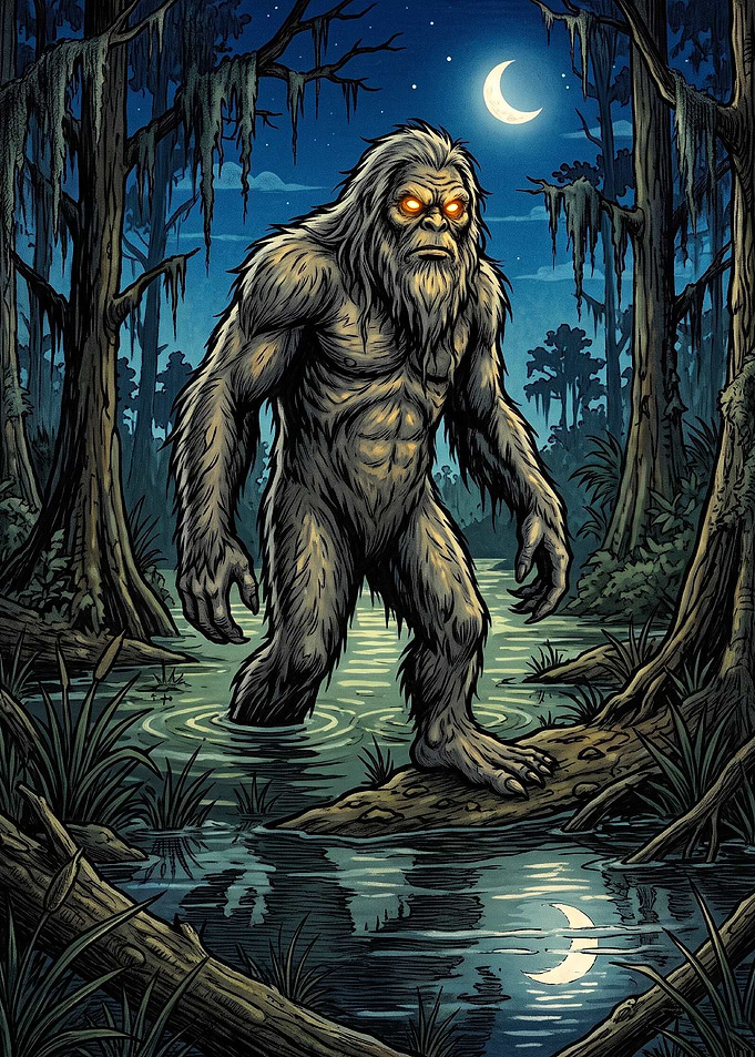 Bigfoot Stalking Through a Moonlit Swamp