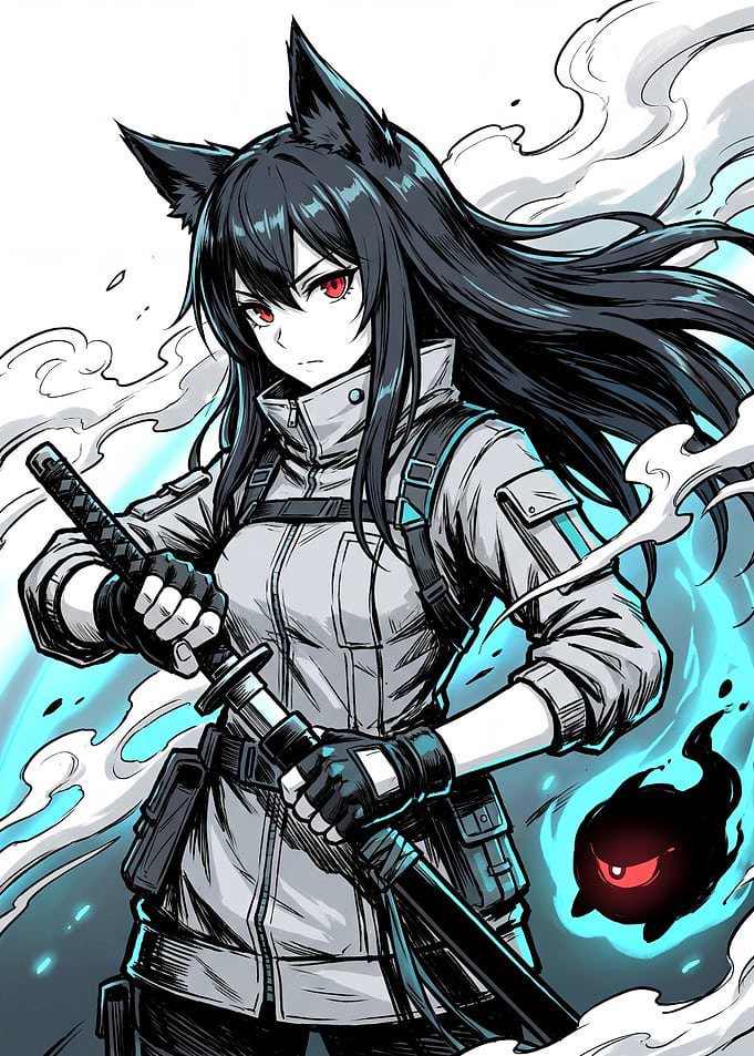 Anime Wolf Girl Warrior with Katana