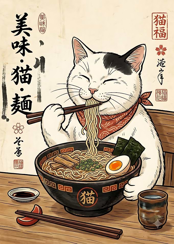 Cute Cat Eating Ramen Illustration