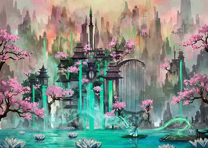 Fantasy Landscape with Pagodas and Cherry Blossoms