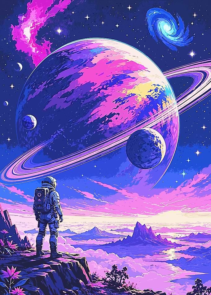 Astronaut Observing a Vibrant Alien Planet