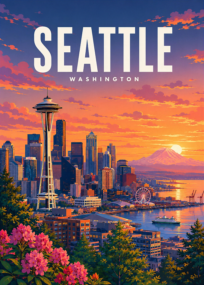 Seattle Washington Sunset Travel Poster