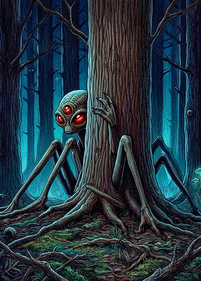Three-Eyed Alien Creature in Forest