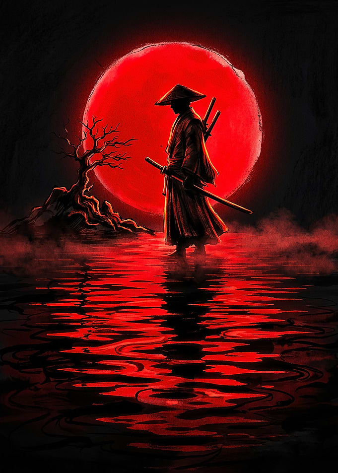 Samurai Silhouette Under Red Moon