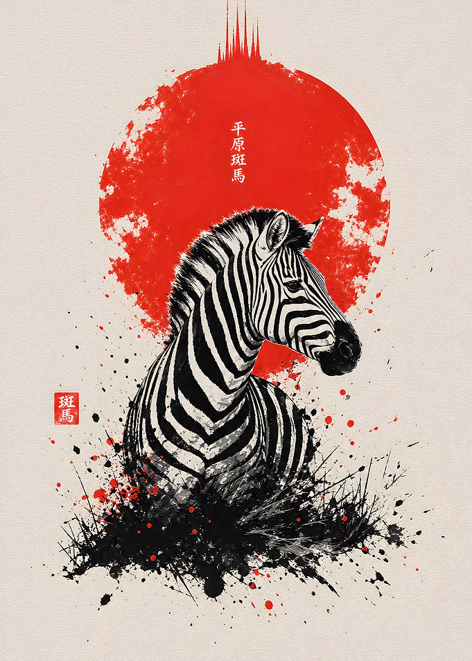 Japanese Style Zebra Ink Illustration