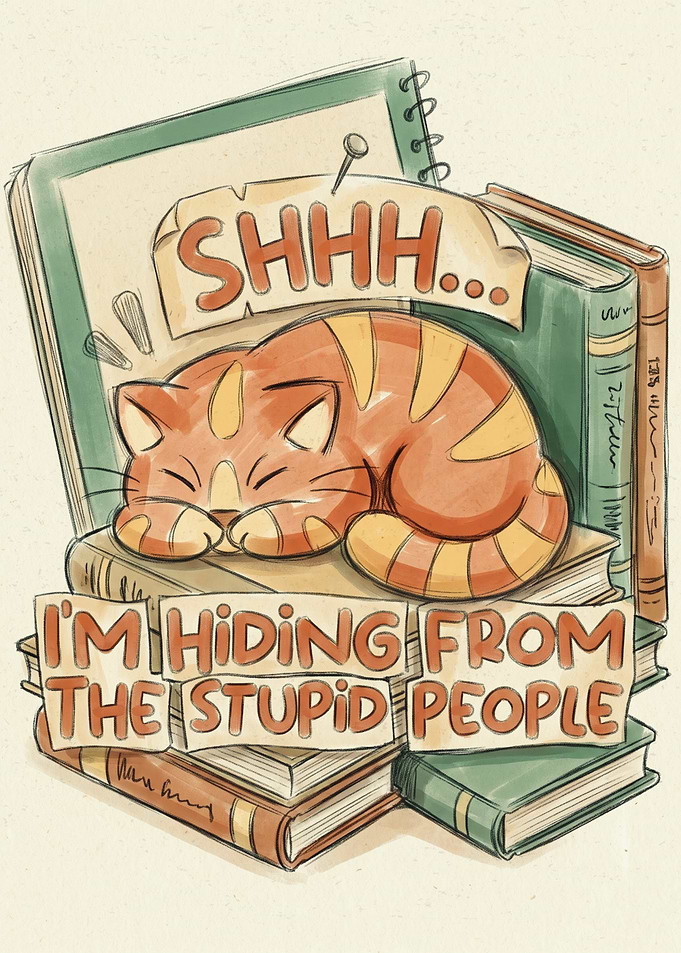 Cat Hiding on Books Illustration