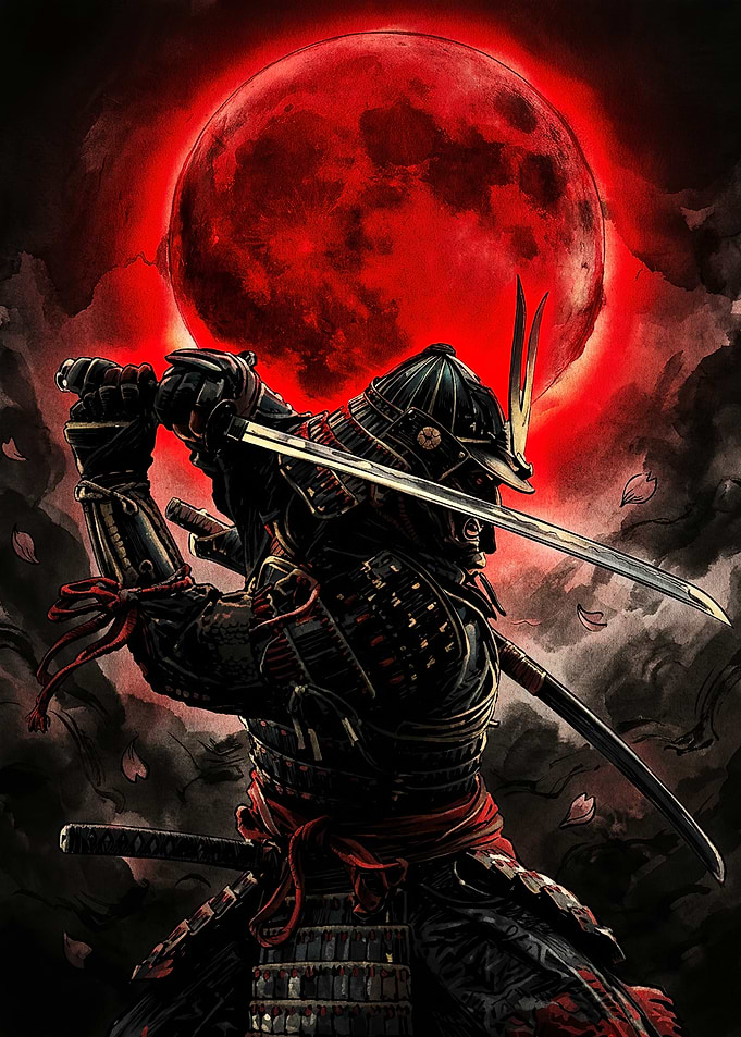 Samurai Warrior Under Red Moon