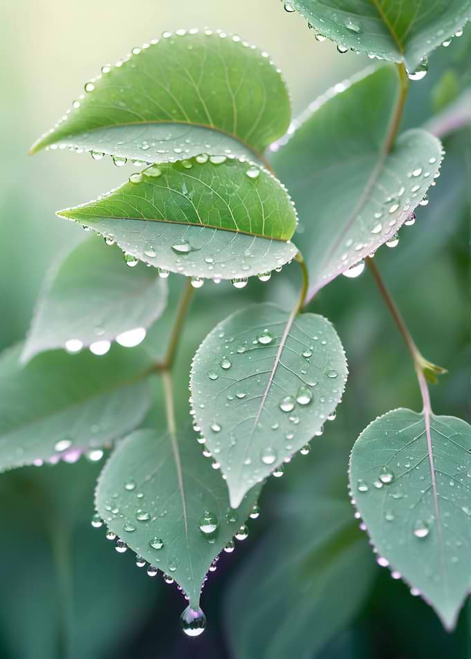 Dew Drops on Fresh Green Leaves