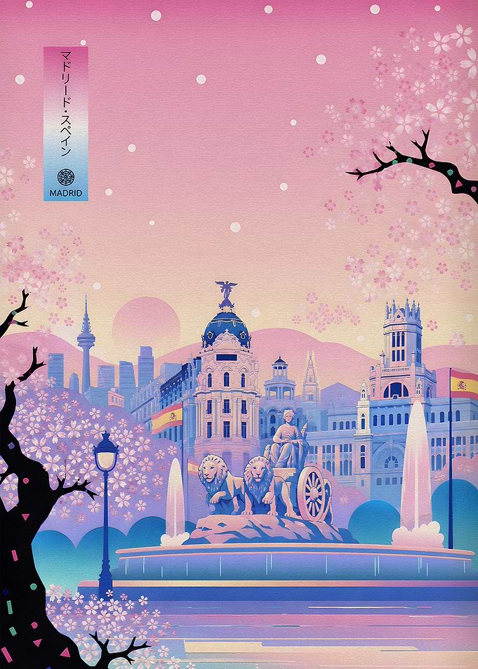 Madrid Cityscape with Cherry Blossoms