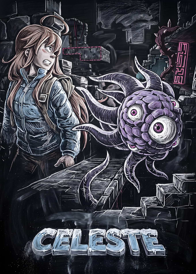 Celeste Game Chalk Art Illustration
