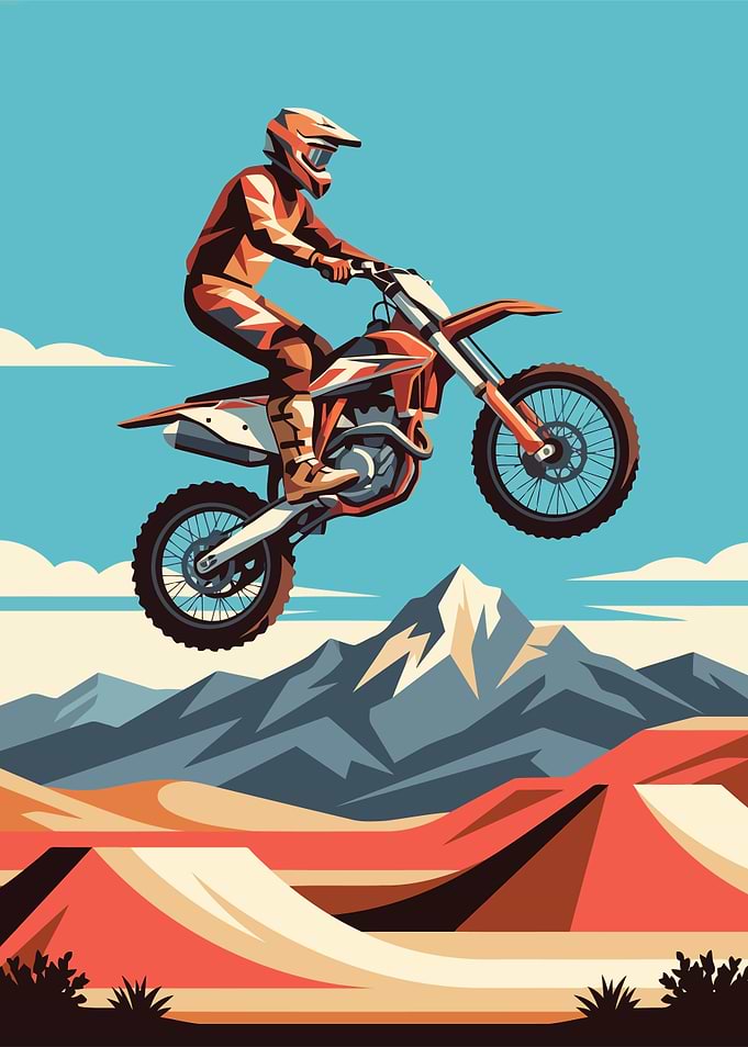 Motocross Rider Jumping Over Mountains