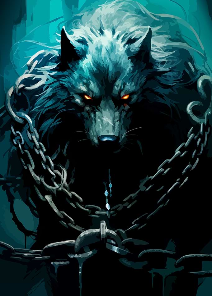 Chained Wolf with Glowing Eyes