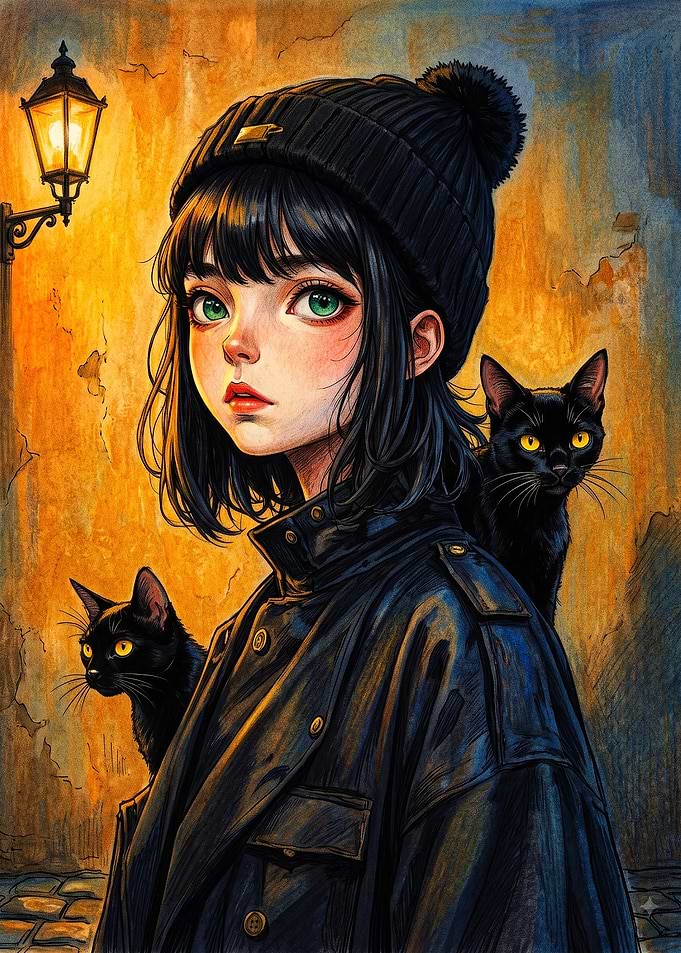 Anime Girl with Black Cats