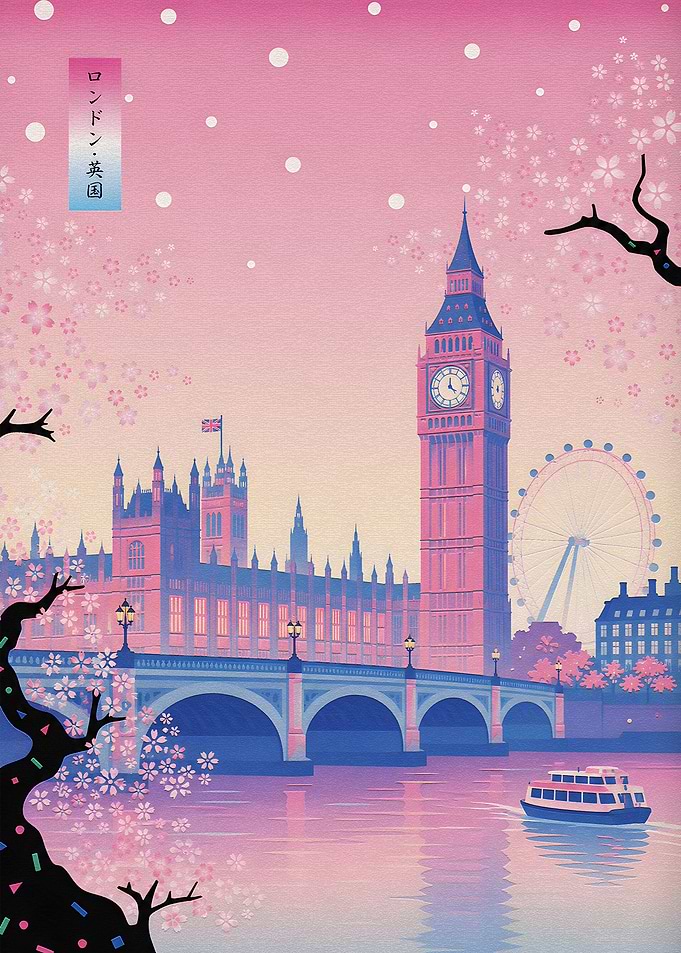 London Skyline with Cherry Blossoms