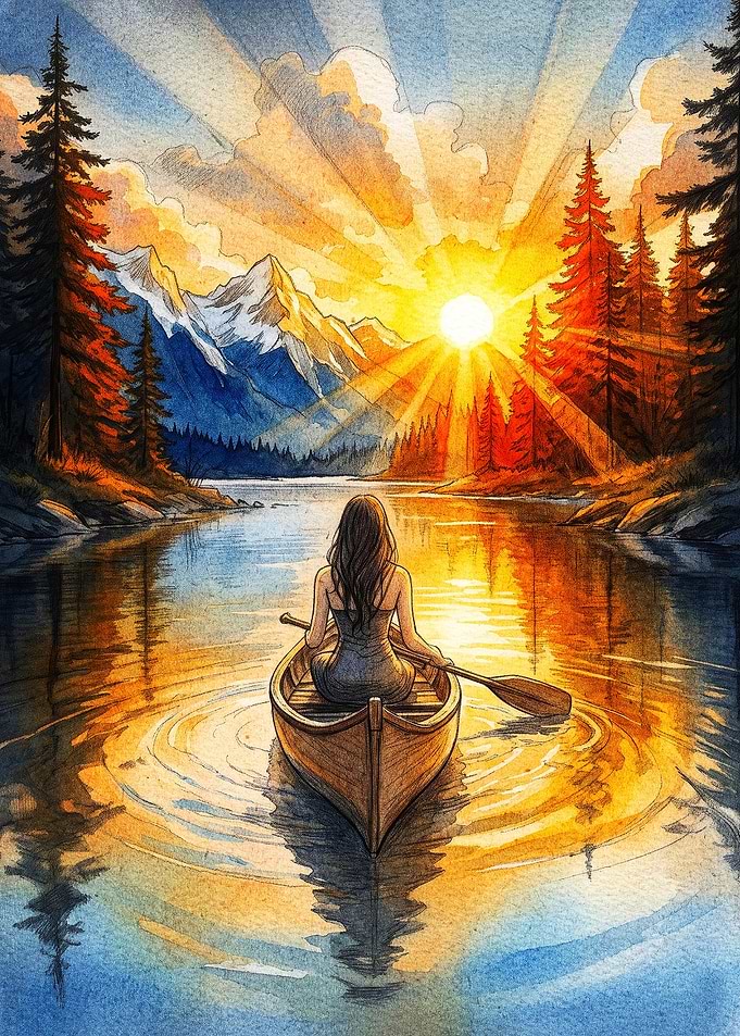Woman Canoeing at Sunset