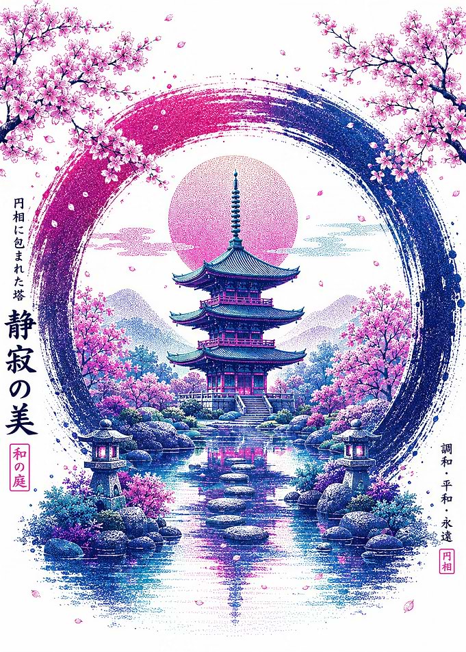 Japanese Pagoda in Cherry Blossom Garden