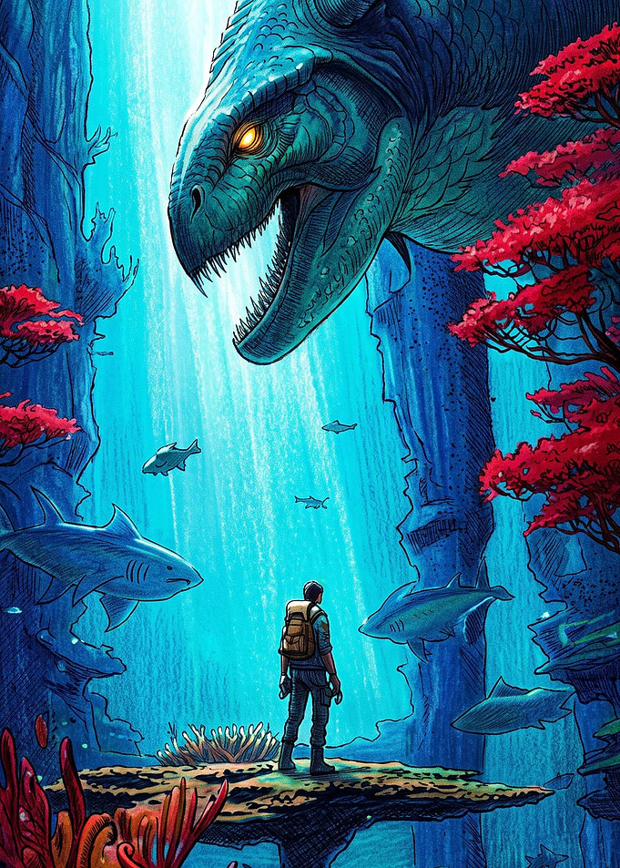 Explorer Facing Giant Sea Monster Subnautica