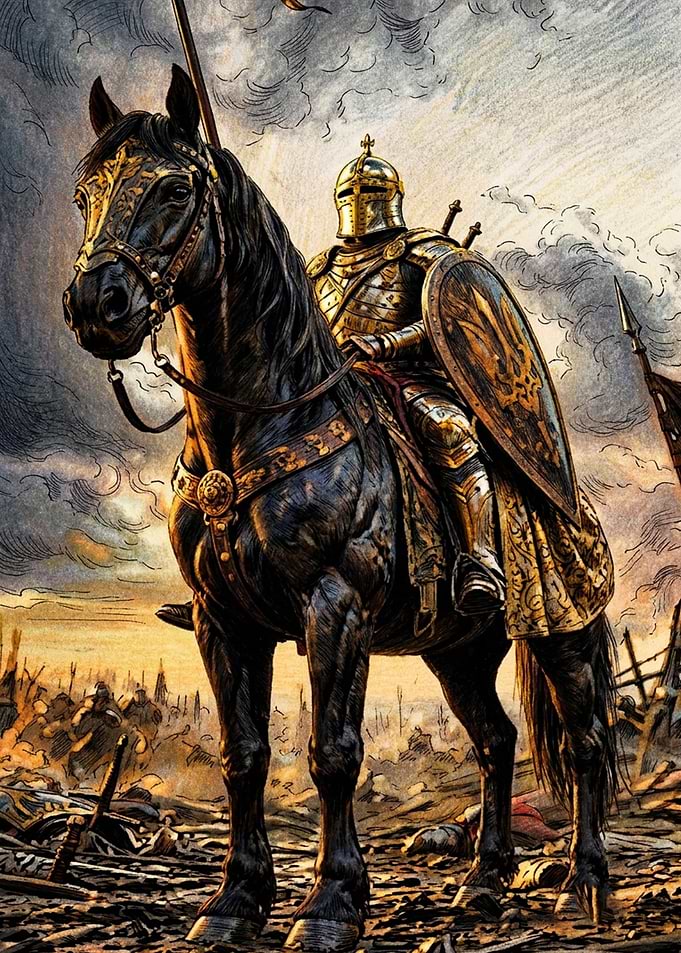 Medieval Knight on Black Warhorse