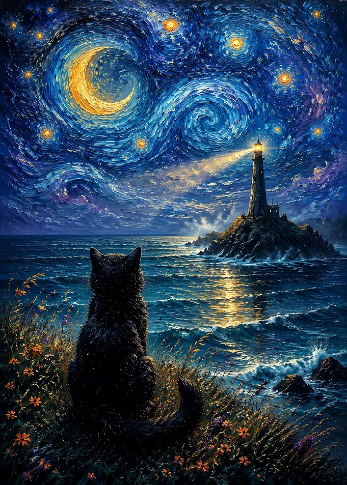 Black Cat Watching Starry Lighthouse Night
